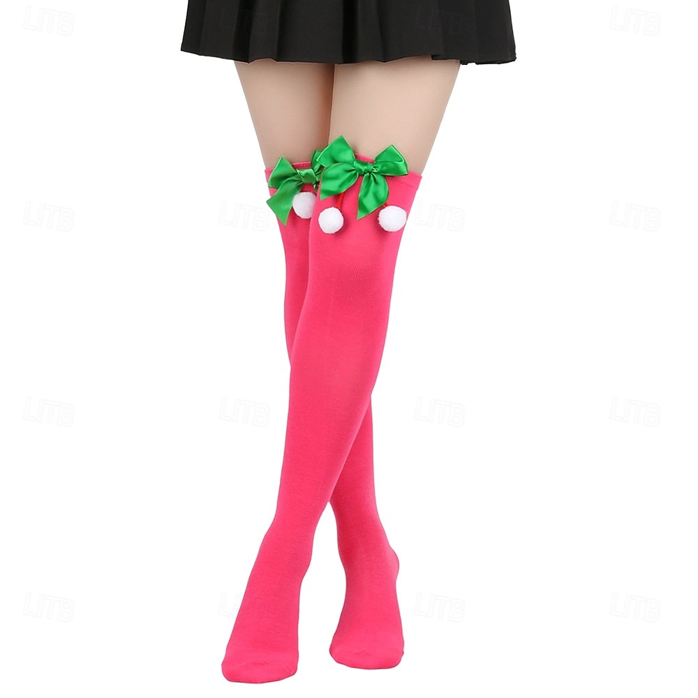 Dámské vánoční ponožky do stehen, sada 4 párů, pruhované &Jednobarevné červené sváteční punčochy s mašlemi a bambulkami, slavnostní ponožky nad kolena na zimní večírky &dárky 2026 - $18.99 –P5