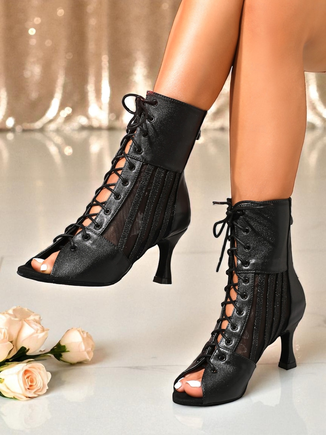 Schwarze Damen-Stiefeletten mit Schnürung und Peep-Toe, Mesh-High-Heel-Tanzschuhe für Abendgala, Abschlussball &Party-Outfits 2026 - $69.99 –P4