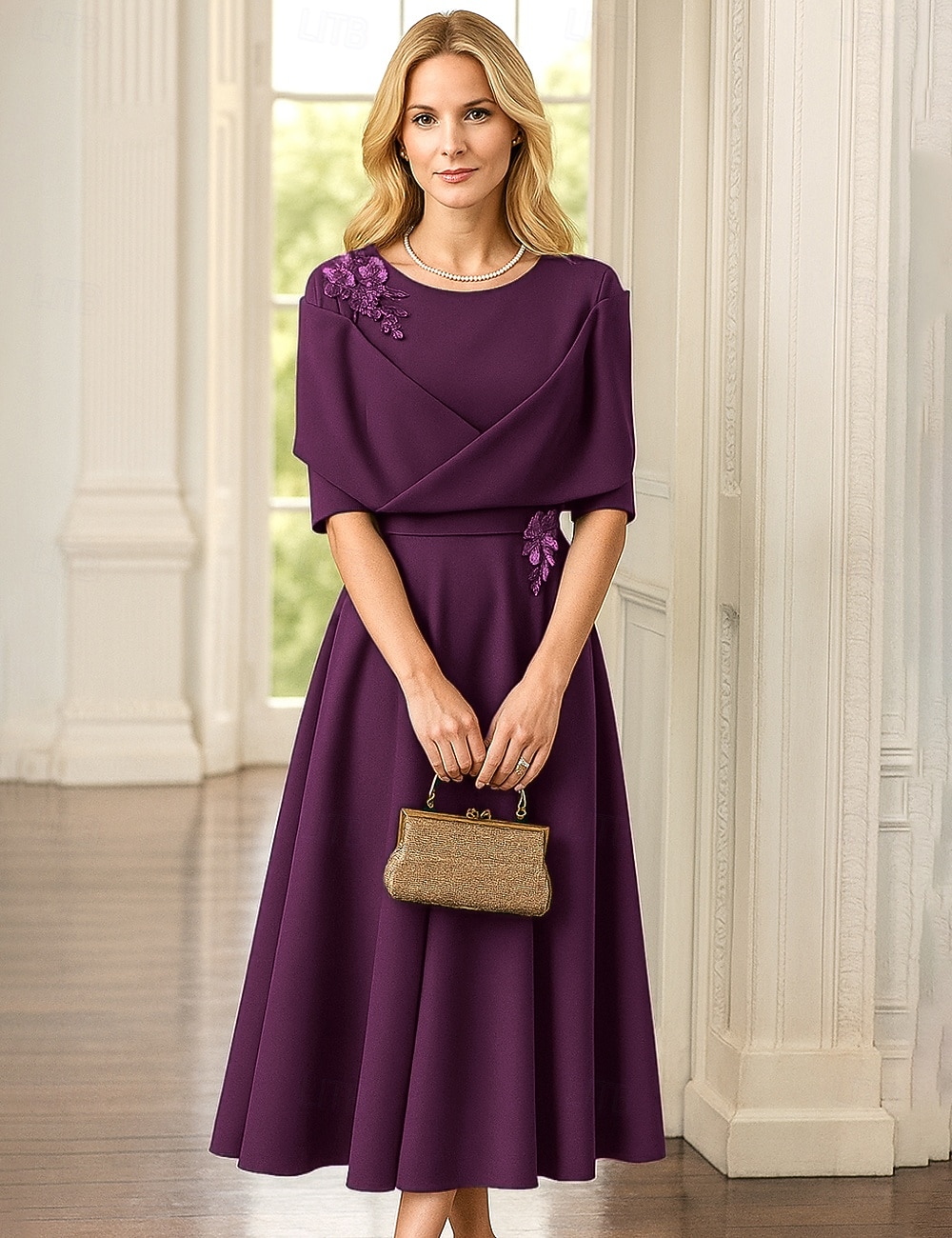 purple tea party dress SHEIN Lady Women's Elegant Summer Dress,3D Flower Ruffles Neckline Bohemian Mid-Length Loose Casual Vacation A Line Neckline Beautiful Light Purple Tea Length
