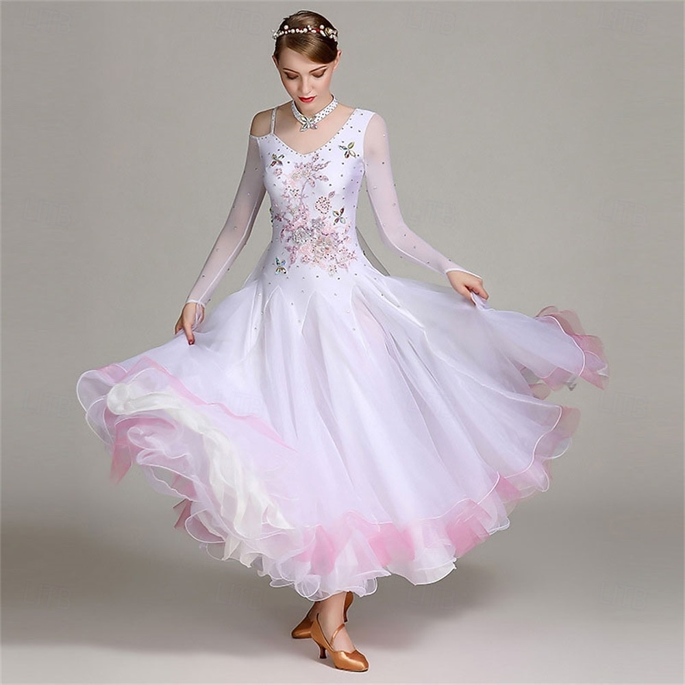 abito da ballo da sala da donna, elegante abito da competizione in tulle a strati con strass floreali sfumati, per valzer, tango, foxtrot – bianco e rosa del 2026 a $225.69 –P1