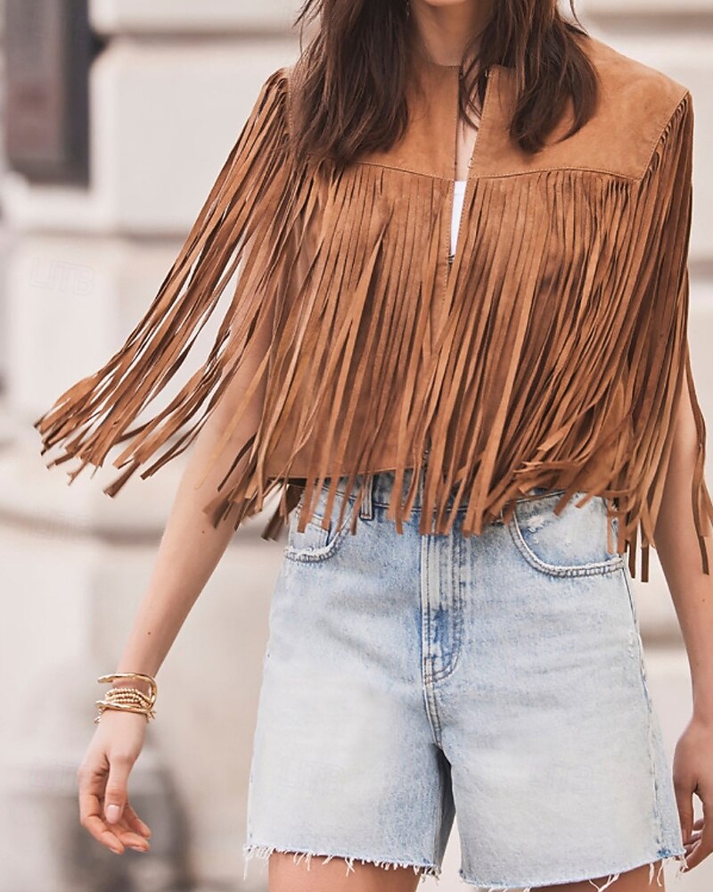 Damskie Bluzka Frędzel Równina Zachodni Bez rękawów W serek Zwykłe topy Święto Wyjściowe Czarny Jasnobrązowy Lato Wiosna 2026 - $32.99 –P8