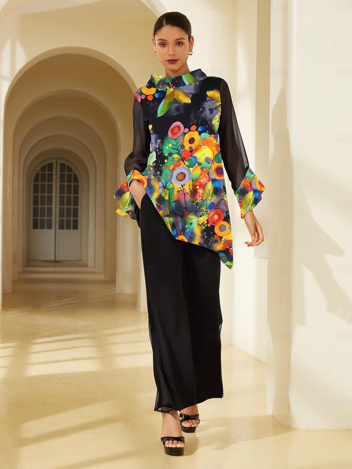 Chemisier femme noir imprimé floral en mousseline extensible manches encolure bateau décontracté confortable printemps été automne vacances de 2025 ? $72.99 –P3