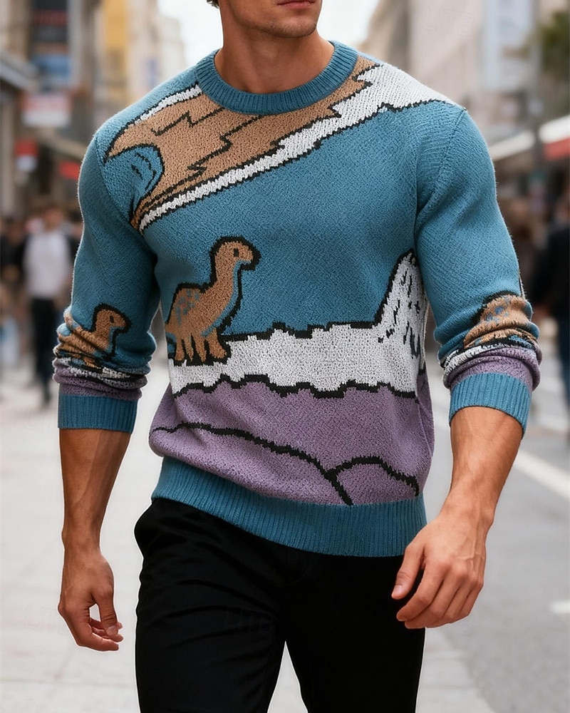 Herre Pullover genser Strikket genser Riflet Strikke Vanlige topper Strikket Dinosaur Crew-hals Mote Grunnleggende Feriereise Dagligdagstøy Klær Høst Vinter Lyseblå S M L 2026 - $36.99 –P1