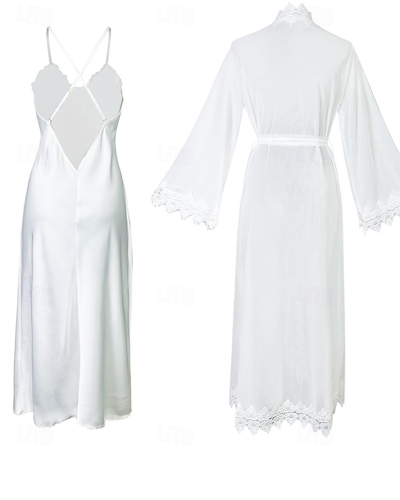 2026年 女性用 ローブ あたたか ファッション カジュアル ピュアカラー サテンシルキーパジャマ レース ドレス 家 ベッドサイド 長袖 クルーネック ホワイト 夏 春 レギュラー  コレクション – $43.99 –P8