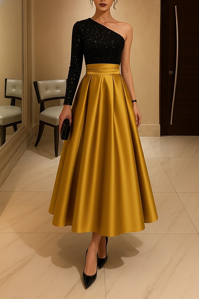 Corte A Vestido Midi Vestidos de coctel Vestidos de fiesta Elegante Manga Larga Un Hombro Fiesta de jardin Boda Satén Lentejuelas con Plisado Lentejuela 2026 - $172.99 –P4