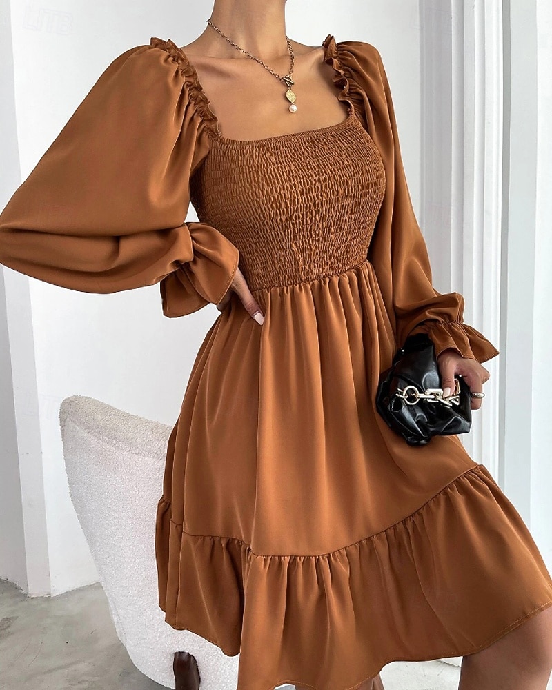 Damen Minikleid Schößchen Kleider Gerafftes Kleid Modern Outdoor Ferien Ausgehen Normale Passform Einfach Langarm Quadrathals Schwarz Wein Armeegrün Leicht Braun Frühling Herbst 2025 - $24.99 –P12