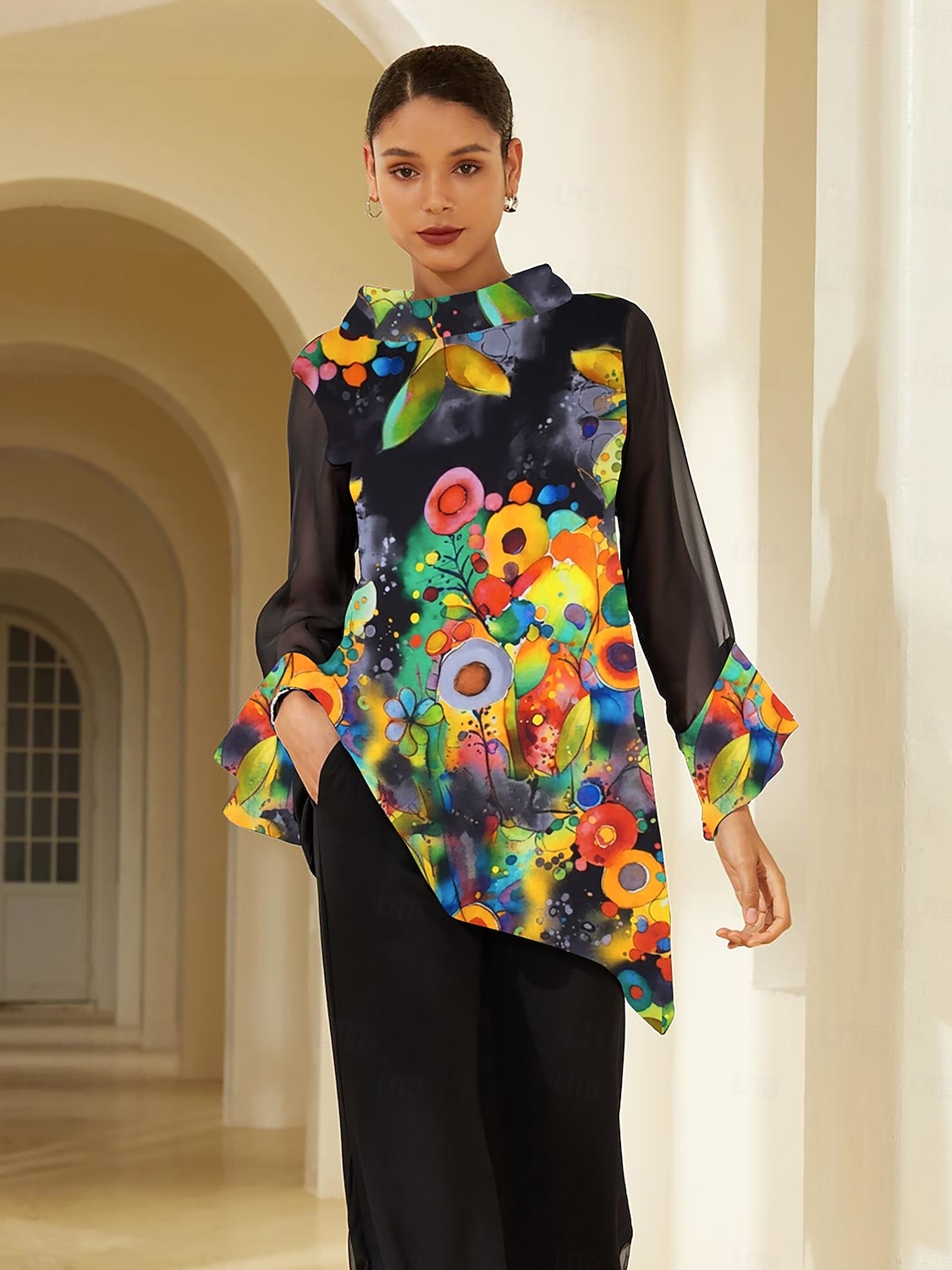 Chemisier femme noir imprimé floral en mousseline extensible manches encolure bateau décontracté confortable printemps été automne vacances de 2025 ? $72.99 –P1