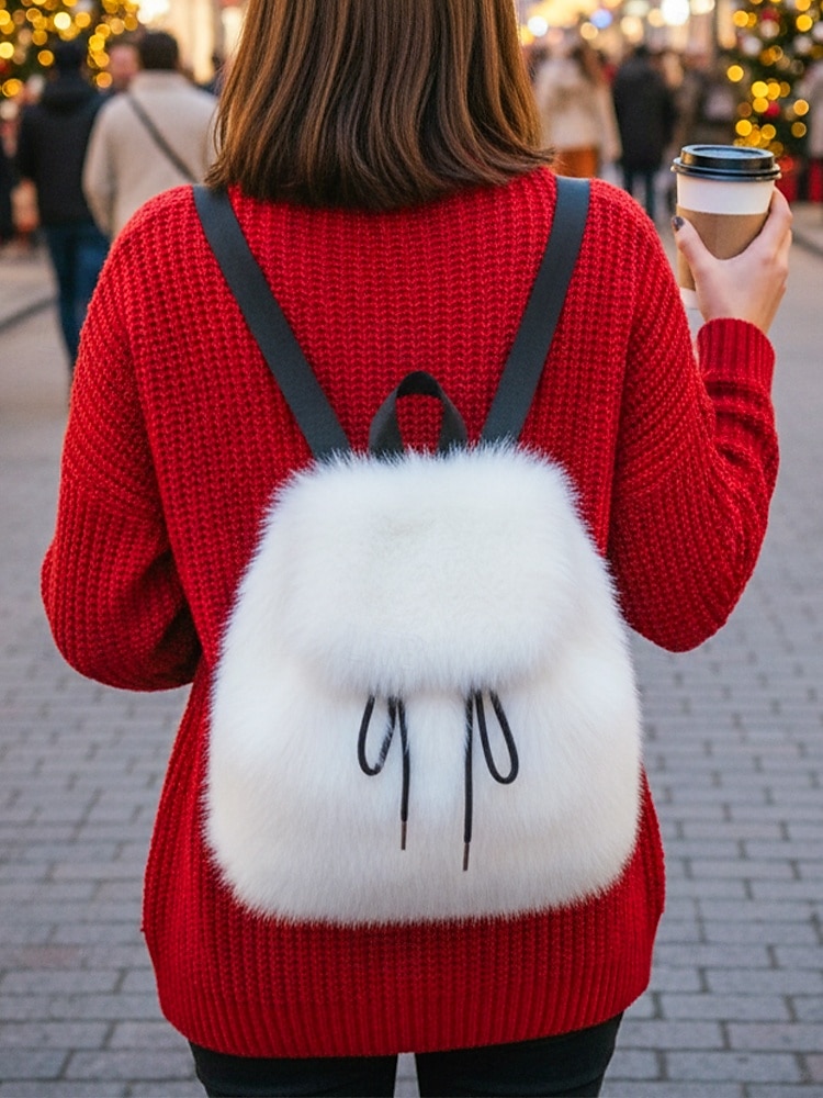 Sac à dos en fausse fourrure pour femme, sac à dos élégant avec cordon de serrage pour une tenue décontractée, matière en peluche douce, parfait pour un usage quotidien et les tenues d'hiver de 2026 ? $19.99 –P1
