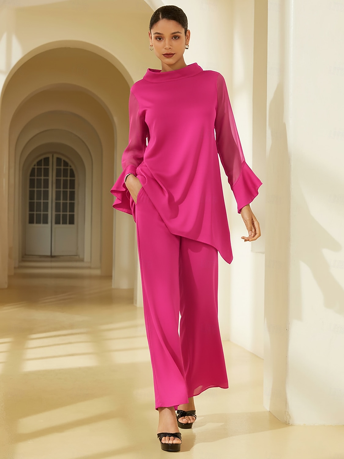 блузка для отдыха из шифона с эластичным трикотажем и прозрачными рукавами 2026 - $72.99 –P3