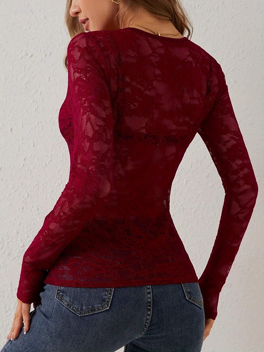 Women's Lace Shirt Blouse Lace Patchwork Solid Color Elegant Stylish Sexy Long Sleeve V Neck Regular Tops Daily Black White Wine Army Green Navy Blue Spring Fall Winter 2026 - $24.99 –P8