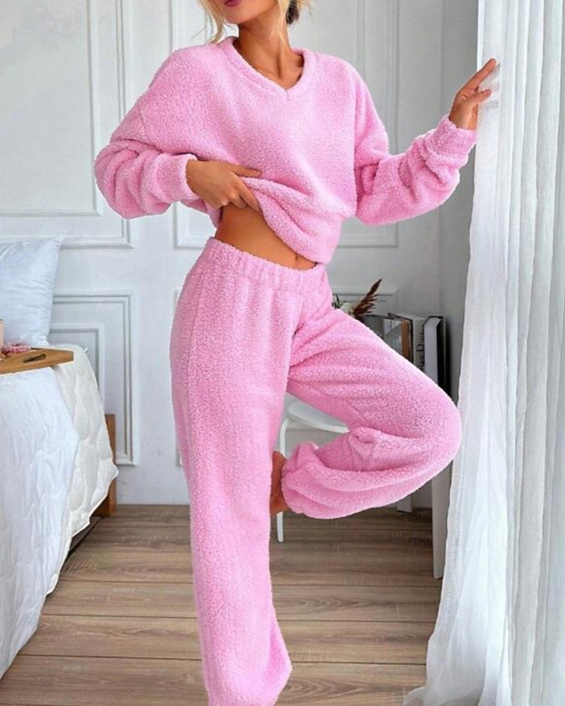 Damskie Piżama Odzież domowa Zestawy piżamowe Flanela Ciepłe Moda Czyste kolory Elastyczny pas Nogawka Dom Codzienny Długi rękaw W serek Rumiany róż Jesień Zima Regularny 2026 - $44.99 –P2