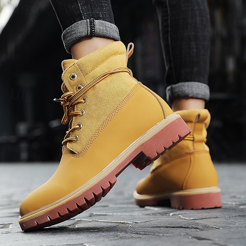 Yellow Faux Leather Men's Work Boots with Lace-Up Design – Durable and Stylish Footwear for Outdoor Activities and Work Environments 2025 - $59.99 –P3