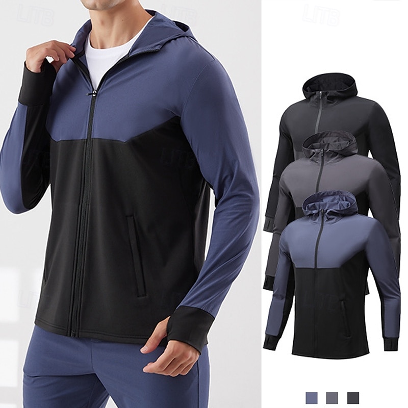Męskie Kolorowy blok Kurtka sportowa Jesień / Zima Kaptur Długi rękaw Athleisure Ochrona przed słońcem Lekki Siłownia Piesze wycieczki Bieganie Trening Joga Czarny Niebieski Ciemnoniebieski Odzie 2026 - $40.99 –P1