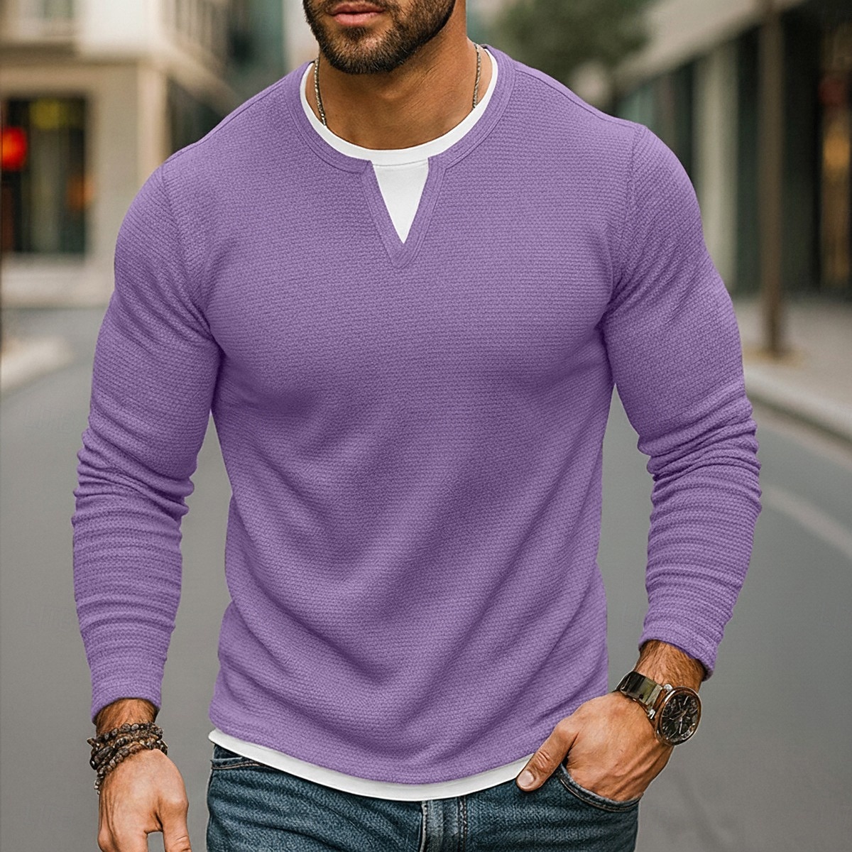 Pánské Vaflové tričko Tričko Waffle Henley košile Dlouhý rukáv Tričkový Do V Celý rok Pevná barva Tradiční a retro Na běžné nošení falešný dva kusy Ležérní Domů Venkovní Fialová Top tričko pro muže 2026 - $25.99 –P2