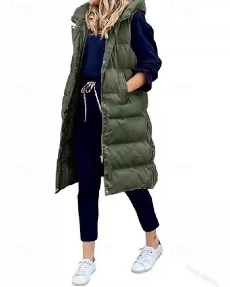 Women's Winter Coat Down Jacket Vest Warm Comfortable Pocket Buttons Casual Plain Vacation Daily Wear Going out Weekend Long Hooded Regular Fit Sleeveless Outerwear Black Wine Khaki Fall Winter 2025 - $54.99 –P11