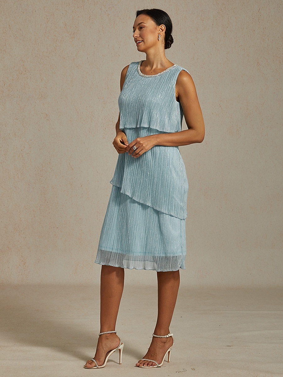 Femmes Robe Midi Robe fourreau Robe Plissée Robe dos nu Élégant Fête Formel Soirée robe demoiselle d honneur Cocktail Coupe régulière Couleur Unie Sans manches Col ras du cou Bleu Ciel Été Printemps de 2025 ? $141.99 –P5