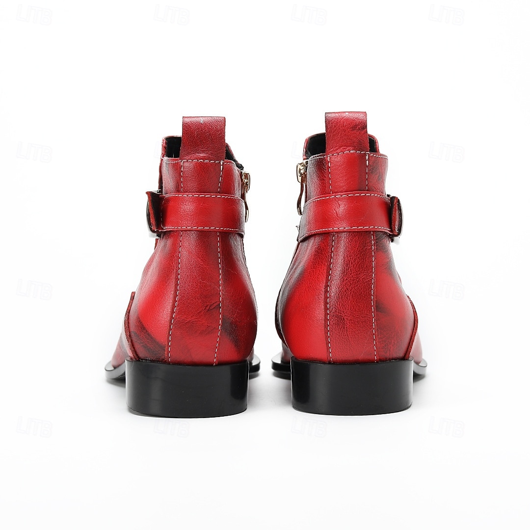 Men's Red Leather Boots with Buckle Detail and Pointed Toe – Perfect for Christmas Gatherings and Festive Events 2025 - $149.99 –P5