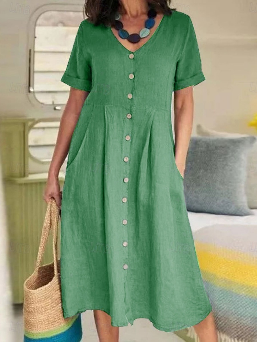 Women's Midi Dress Faux Cotton Linen Shift Dress Casual Dress Basic Casual  Daily Vacation Regular Fit Plain Long Sleeve V Neck Sky Blue Purple Green  Summer 2026 - $25.99