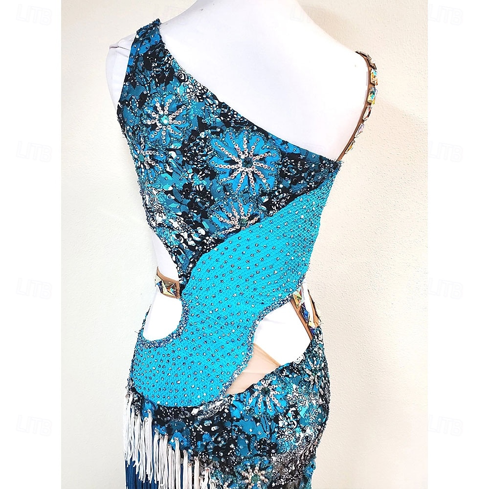 Women's Latin Dance Dress Blue Rhinestone Cutout Bodycon Fringe Costume for Cha Cha Samba Paso Doble Performance Competition 2026 - $457.09 –P3