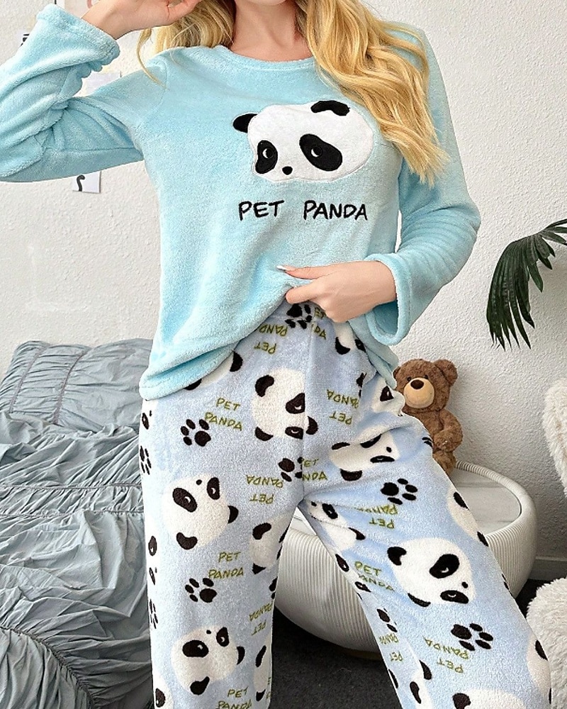 Women's Pajamas Loungewear Pajama Set Flannel Warm Fashion Panda Elastic Waist Pant Home Daily Long Sleeve Crew Neck White Pink Light Blue Fall Winter Loose Fit 2025 - $14.99 –P3