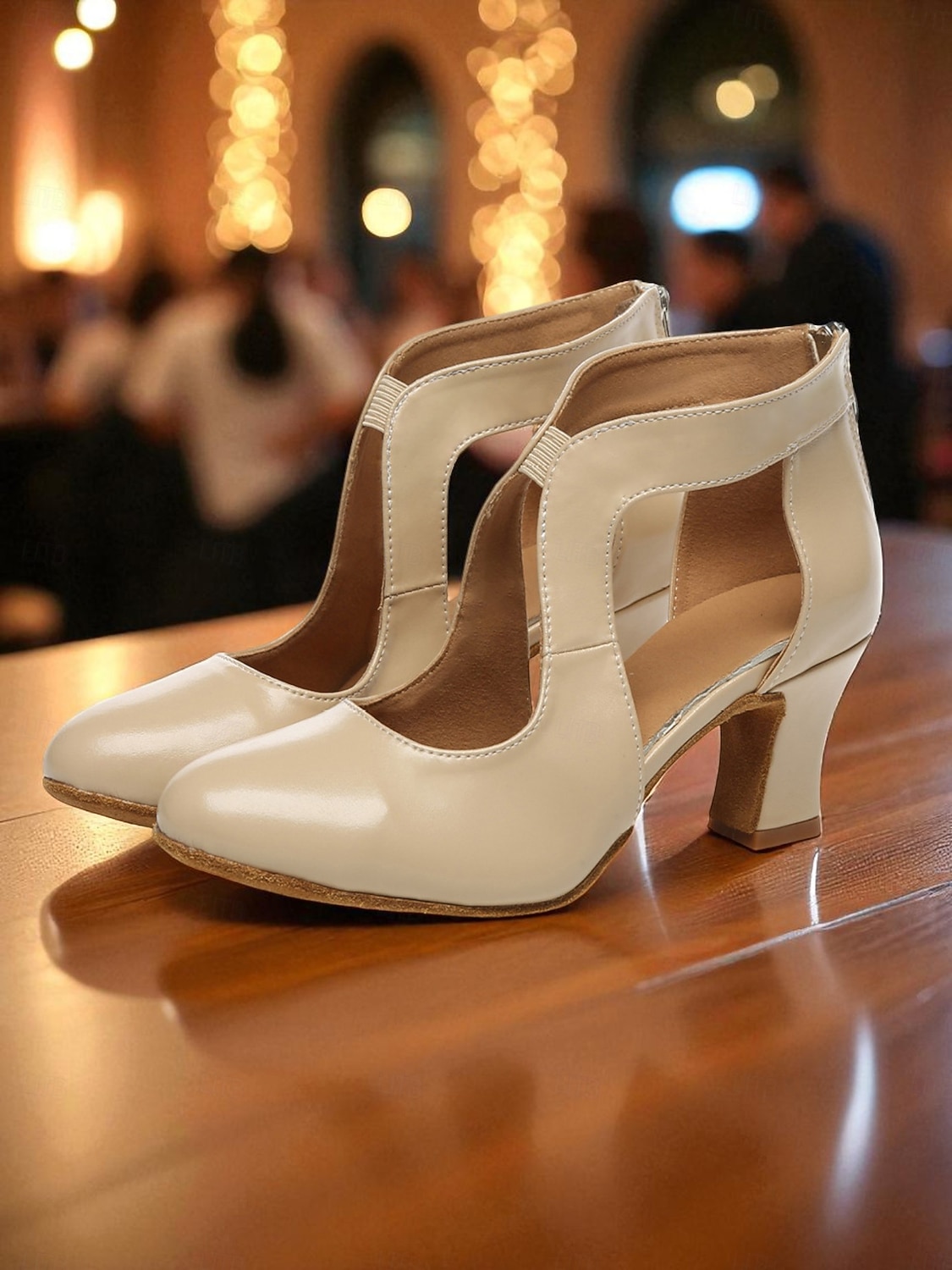 Women's Beige Patent Leather Ballroom Dance Shoes - Closed Toe Mid Heel Pumps with Cutout Design for Gatsby Ball & Professional Dance Party 2026 - $64.99 –P1