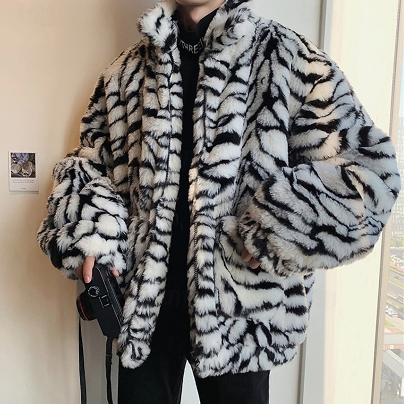 Voor heren Winterjack Jas van imitatiebont Vakantie Dagelijks Thermisch Warm Fleece Herfst Winter Luipaard Modieus Streetwear Opstaand Normaal Wit Geel Jacks 2026 - $80.99 –P10