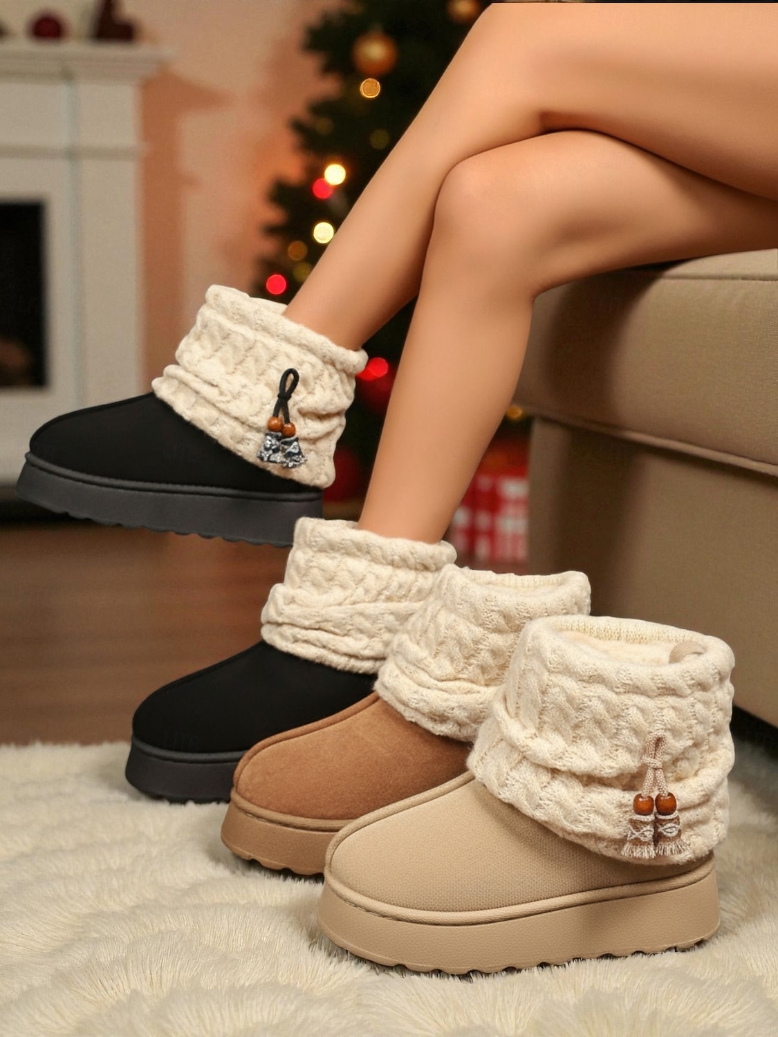 Dámské pletené zimní boty s fleecovou podšívkou - útulné a teplé, ideální do zasněženého počasí a na outdoorové aktivity 2025 - $15.99 –P1