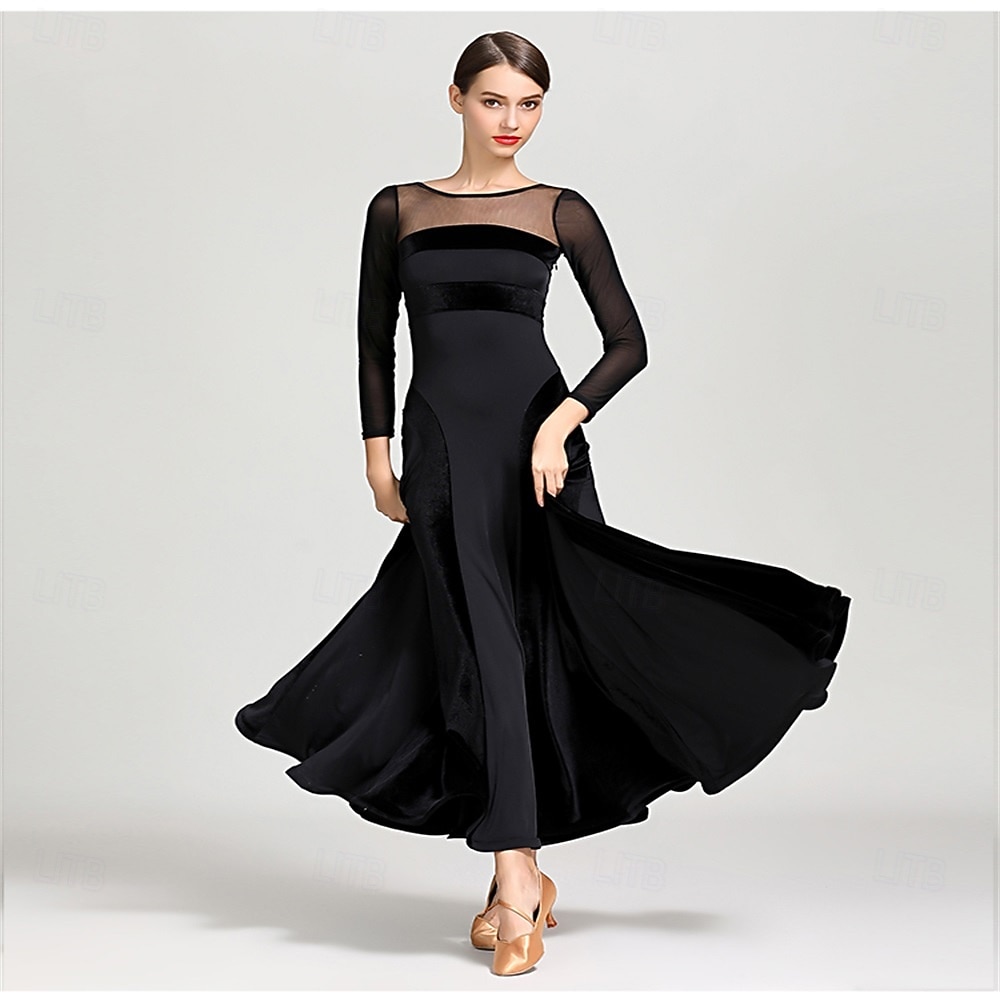 abito da ballo da sala con maniche trasparenti per donna - abito a trapezio con maniche lunghe e dettagli in velluto per competizioni, eventi di ballo latino e danza - nero del 2026 a $148.99 –P2