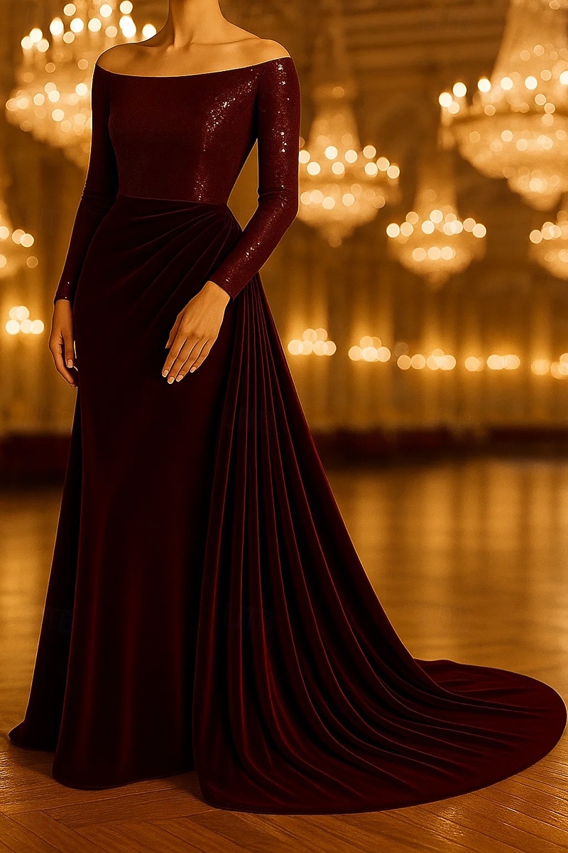 A-Line Sweep / Brush Train Evening Gown Ball Gown with Overskirt Formal Dress Elegant Glittering Celebrity Style Long Sleeve Off Shoulder Formal Wedding Sequined Velvet with Pleats Ruched 2025 - $154.99 –P1