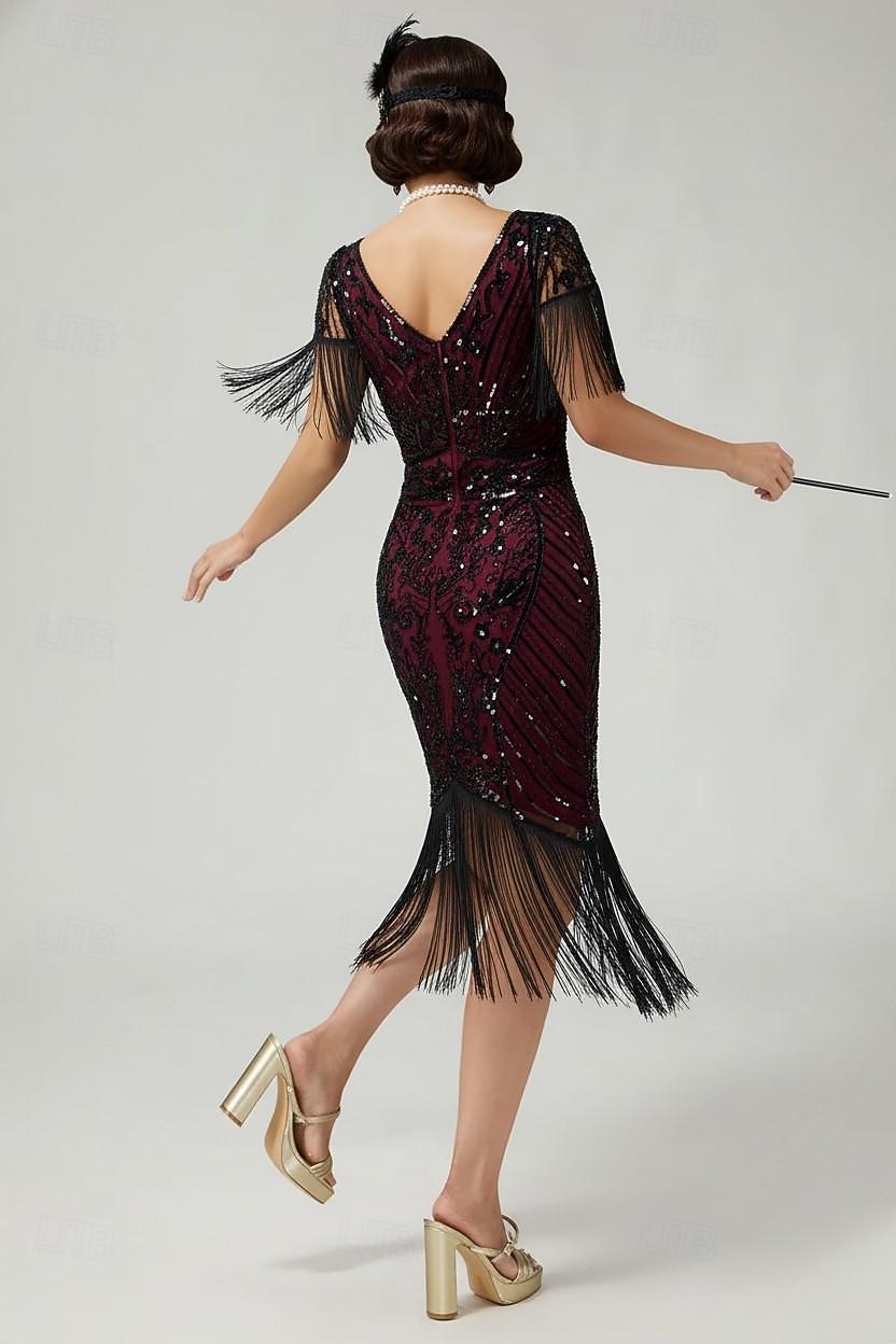 Années Folles Années 1920 Mi-long Robe Charleston Manches courtes Gatsby le Magnifique Paillettes Frange Col en V Déguisement Femmes Noël Carnaval bar clandestin Mascarade Soirée à thème rétro Adulte de 2026 ? $44.99 –P2