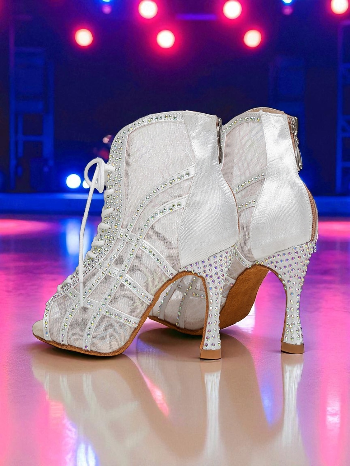 Svarte damesko med høy hæl og netting i netting og strass, stilige latinske ballroomsko med åpen tå for salsa og tango &sceneopptredener 2025 - $79.99 –P3