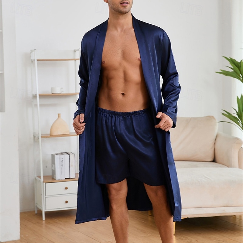 Herren Schlafanzug Seidenrobe Nachtwäsche Schlafanzug Set Einfach Mode Stilvoll Klassisch Heim Täglich Bett Polyester Komfort Weich V Ausschnitt Langarm Frühling Herbst Champagner Wein 2026 - $51.99 –P7