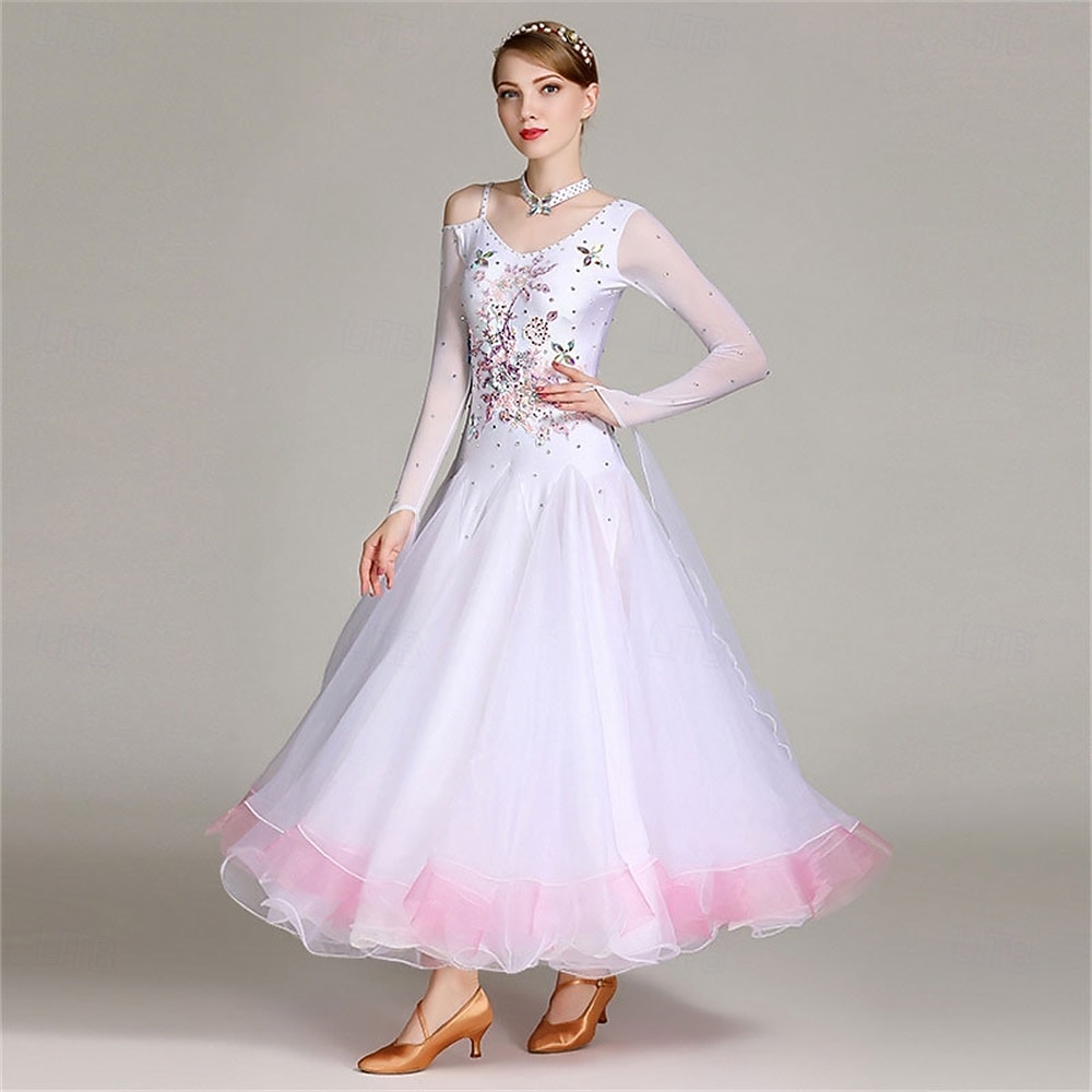 abito da ballo da sala da donna, elegante abito da competizione in tulle a strati con strass floreali sfumati, per valzer, tango, foxtrot – bianco e rosa del 2026 a $225.69 –P3