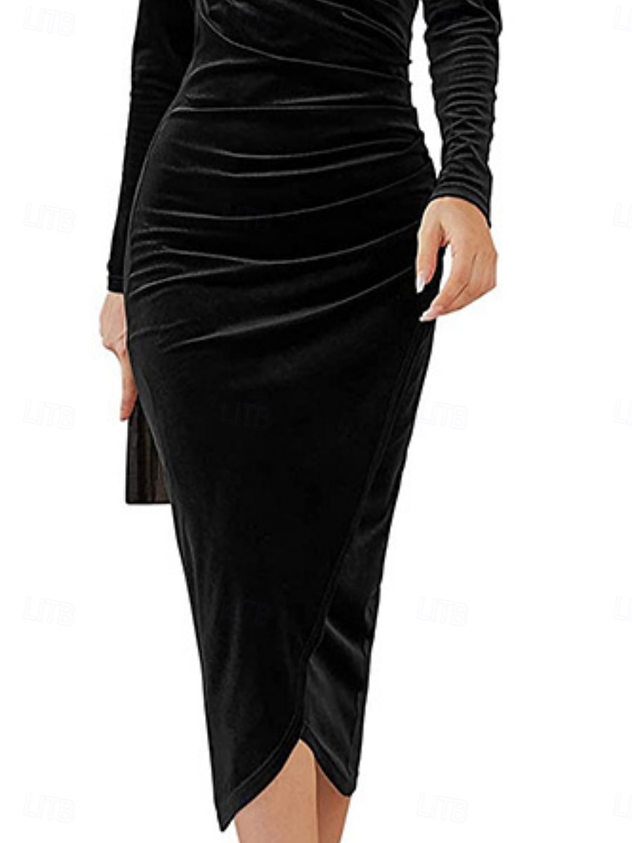 Damen Samt Midi Kleid Etuikleid Wickelkleid A-Linie Kleid Party Cocktail Party Hochzeitsgast Reguläre Passform Einfarbig Langarm V-Ausschnitt Schwarz Lila Grün Herbst Winter 2026 - $31.99 –P6
