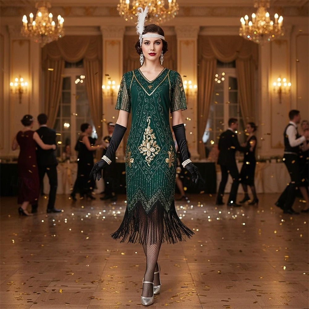 Set Anni Ruggenti Anni 1920 Midi Abito Flapper Abito da cocktail Costume di fantasia con accessori Maniche corte Il grande Gatsby Ragazza Flapper Paillettes Frangia con nappe Scollo a V Costume Per del 2026 a $52.99 –P1