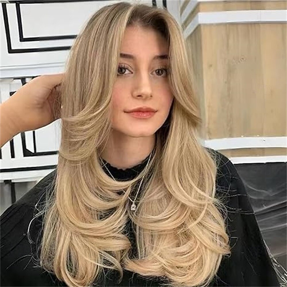 hosszú, hullámos barna réteges paróka függönyfrufruval fekete nőknek, szintetikus réteges hosszú hullámos természetes barna bozontos pillangófrizúrás paróka vékonyszálú hajjal nőknek, 24 hüvelykes 2025 - $24.99 –P5