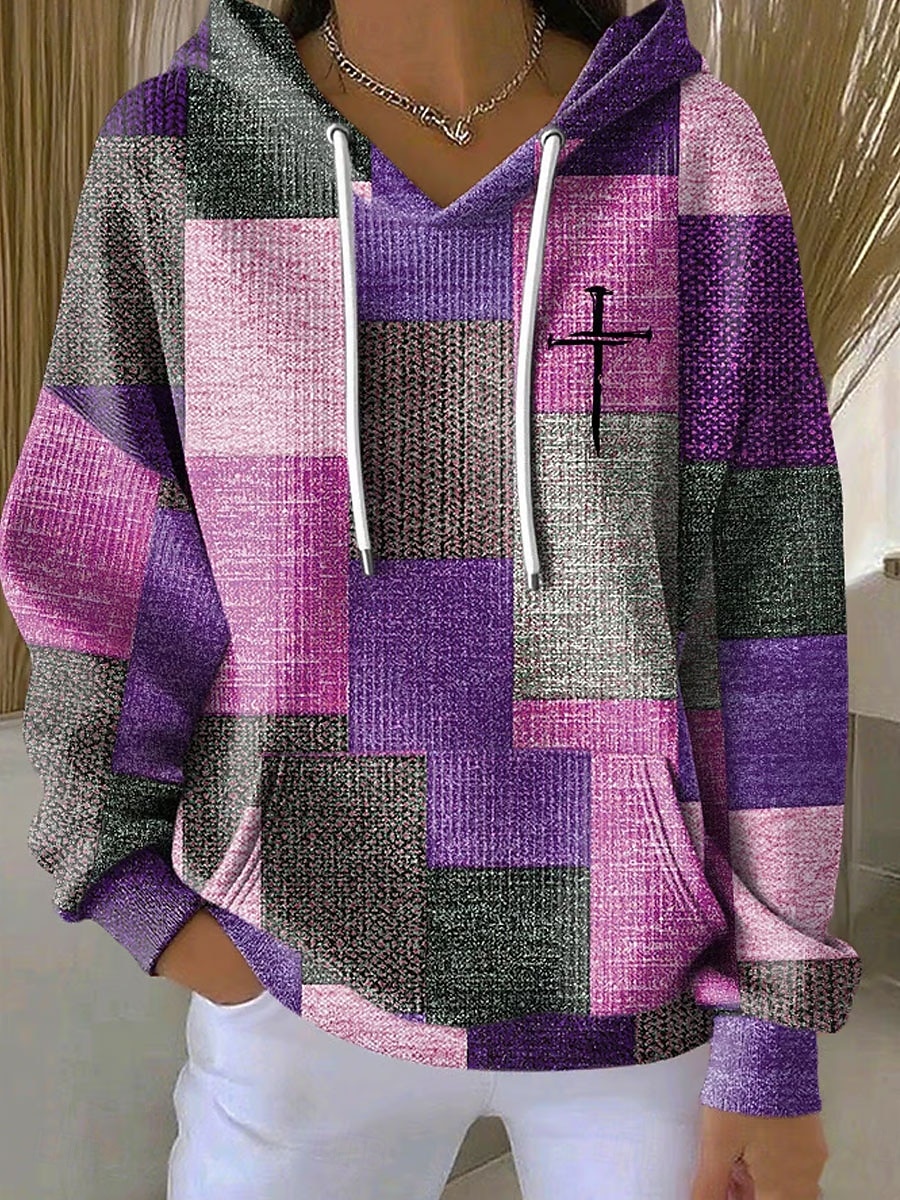 2025年 女性用 プルオーバー フーディー スウェットシャツ グラフィック 幾何学模様 あたたか ヴィンテージ カジュアル 長袖 フード付き レギュラートップス ストリート 日常着 カジュアル プリント フロントポケット ピンク パープル オレンジ グリーン 秋 冬  コレクション – $26.99 –P4