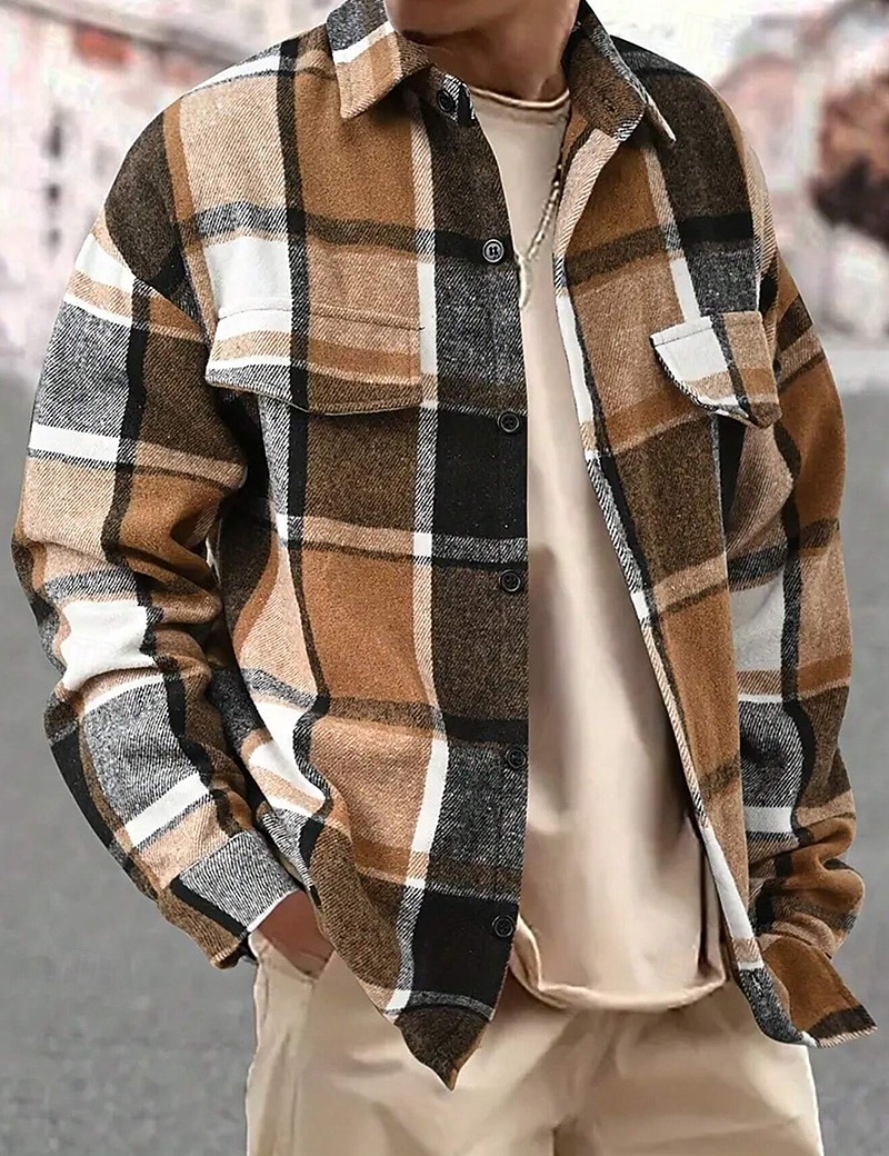 Férfi Ing Flannel ing Gombos póló Overshirt Sárga Arcpír rózsaszín Narancssárga Világos szürke Sötétszürke Hosszú ujj Kockás Térfogatcsökkenés Hétköznapi Napi Ruházat Meleg Divat 2026 - $26.99 –P2