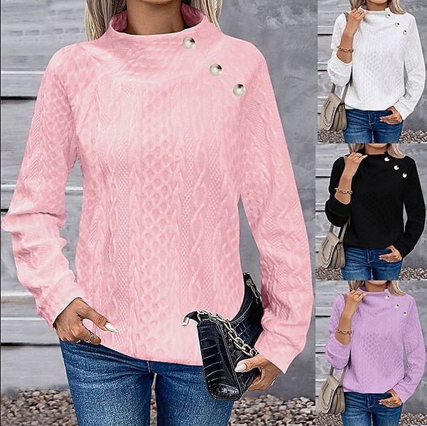 Hanorac elegant pentru femei, la modă, drăguț, culoare uni, guler înalt, nasturi, texturat, mânecă lungă, model obișnuit, topuri tricotate, exterior, acasă, lucru, negru, alb, primăvară, toamnă 2026 - $27.99 –P1