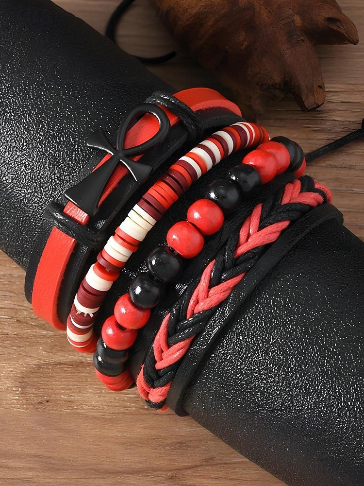 Pánská sada náramků z umělé kůže, červeno-černé tkané náramky s detaily zlého oka a korálků, stylové na Vánoce, různé vzory 2026 - $7.99 –P4