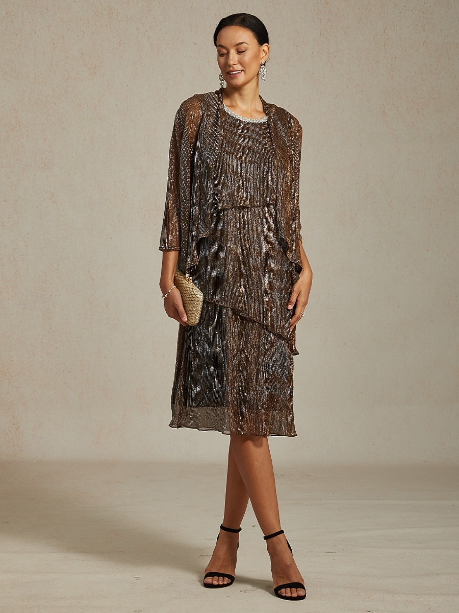 Dame Midikjole Skiftkjole Plissert kjole Grime kjole Elegant Fest Formelt Fest Bryllupsgjest Cocktailfest Normal Helfarge Ermeløs Crew-hals Brun Sommer Vår Høst Vinter 2025 - $141.99 –P12