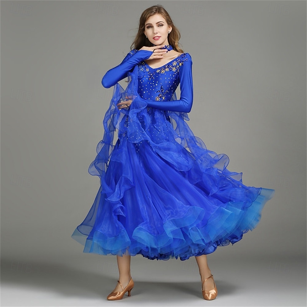 женское платье для бальных танцев, розовое, с цветочным принтом и стразами, многослойное, элегантное, для выступлений в стиле вальс-фокстрот 2026 - $155.99 –P5