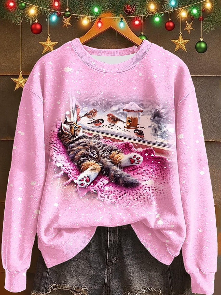 Dámské Pullover Tisk Grafika Kočka Teplé Klasické Na běžné nošení Dlouhý rukáv Tričkový Běžné topy Ležérní Domů ulice Vodní modrá Světlá růžová Rubínově červená Podzim Zima 2026 - $27.99 –P1