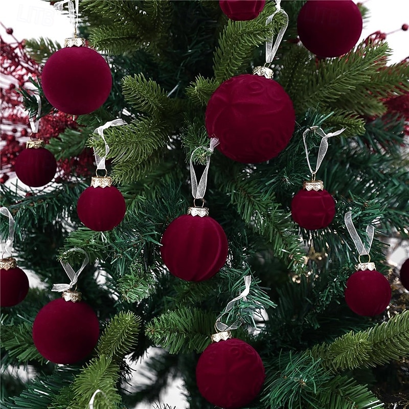 Conjunto de 46 enfeites de Natal em veludo para árvore de Natal, com bolas flocadas e inquebráveis, com laço para decoração natalina. Disponível em 3 tamanhos: 4/6/8 cm. de 2025 por $28.99 –P1