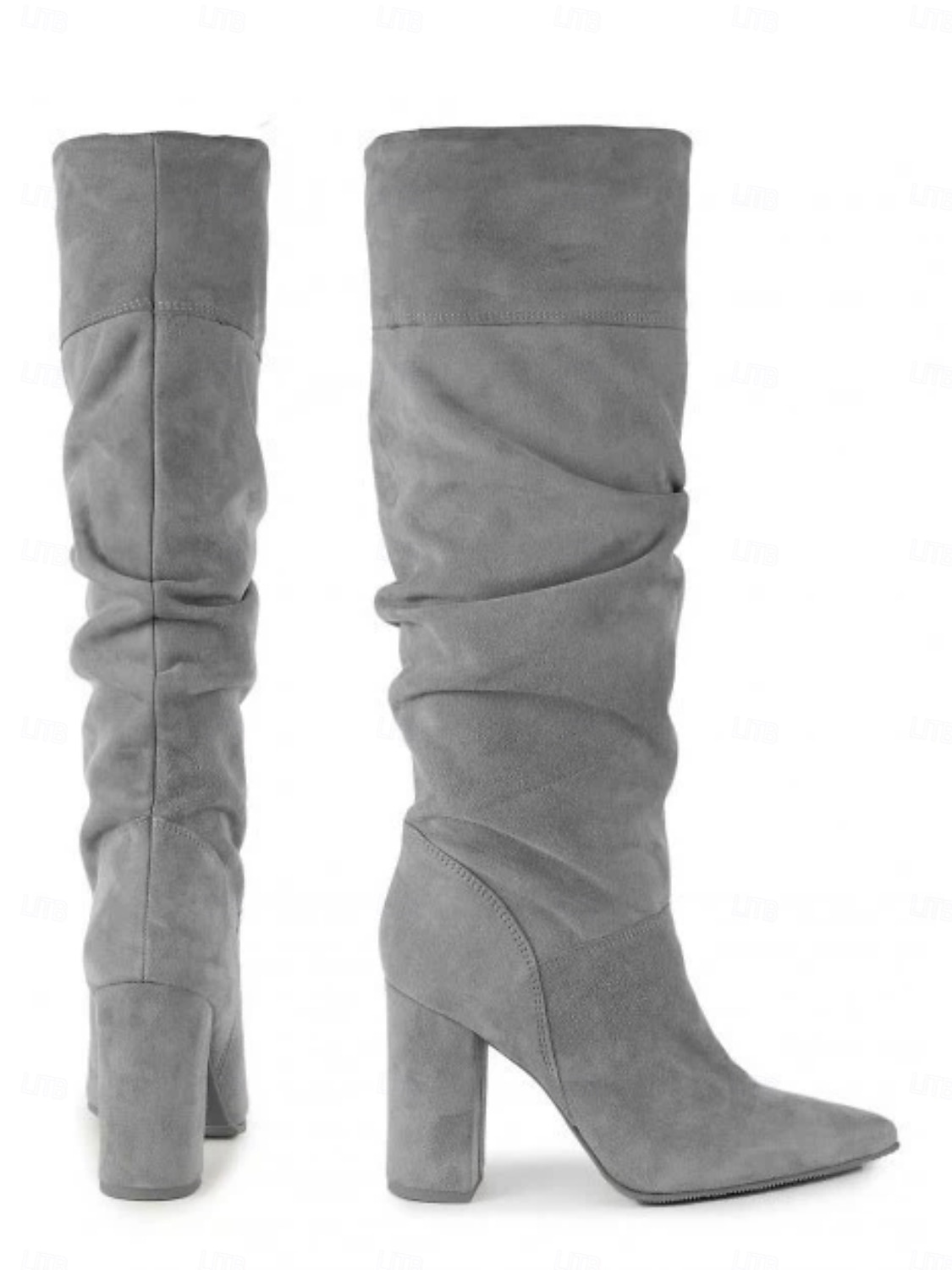 női szürke velúr bő szárú csizma hegyes orrú és tömbsarkú cipővel - elegáns őszi és téli lábbelik hétköznapokra és elegáns alkalmakra 2026 - $59.99 –P1