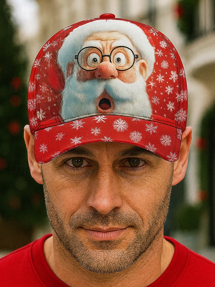 мужская бейсболка с рождественским принтом Санты, регулируемая красная шапка со снежинками, праздничный зимний аксессуар для праздничных вечеринок и ношения на открытом воздухе 2025 - $18.99 –P2