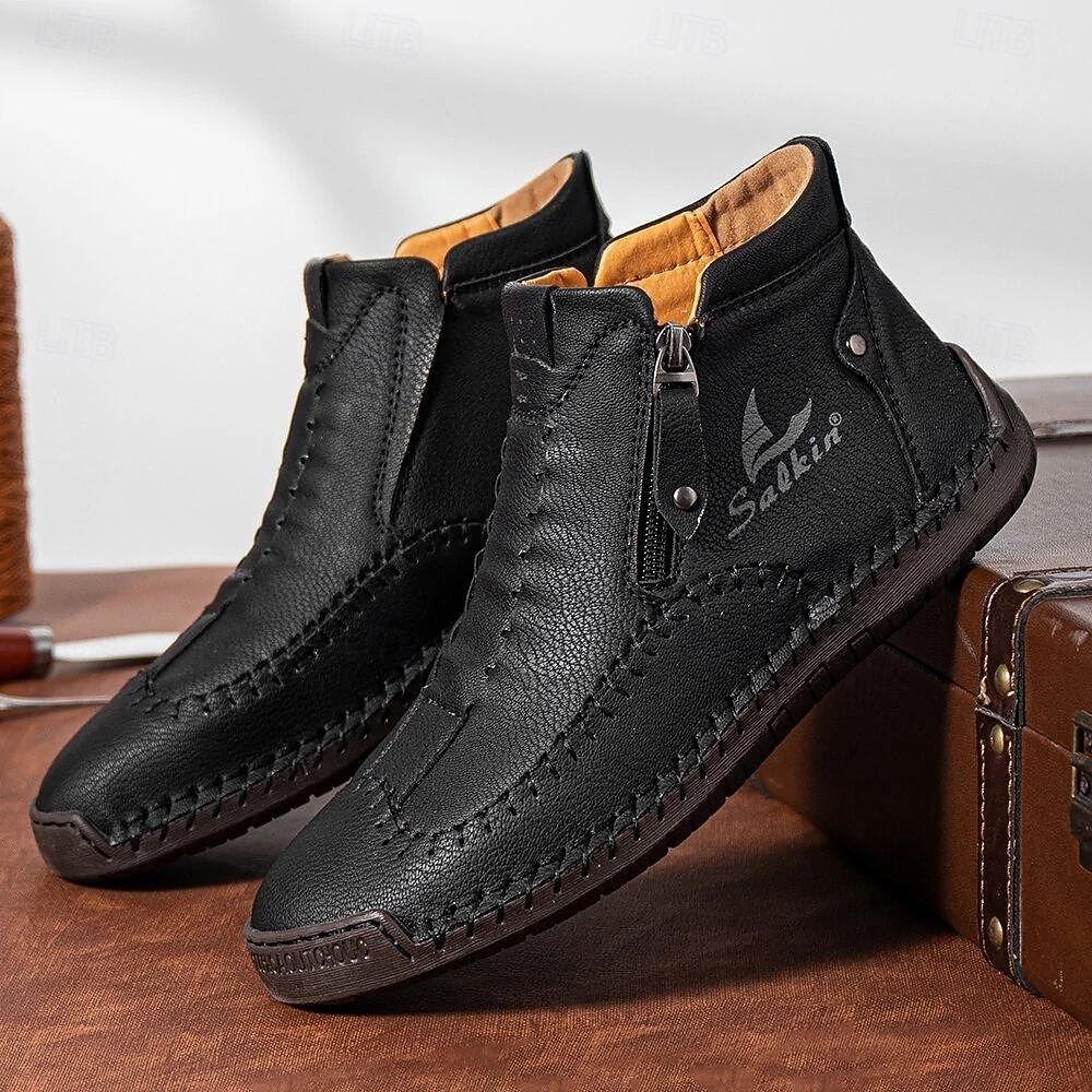 botins casuais masculinos de couro marrom com zíper e design costurado à mão - confortáveis e leves para uso diário e ao ar livre de 2025 por $46.99 –P2