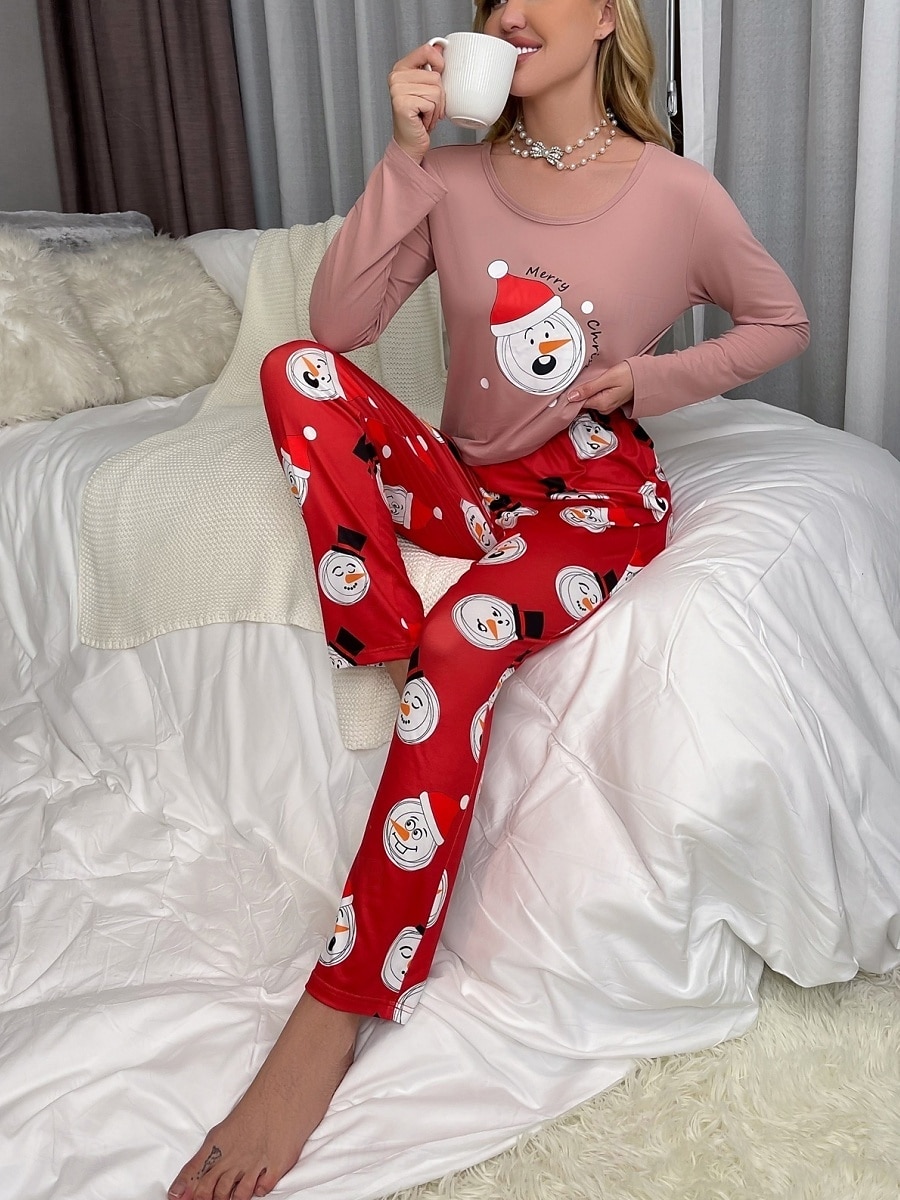 Conjunto de Pijamas de Natal Feminino com Boneco de Neve e Árvore de Natal Confortável Gráfico do Pai Natal Cintura Elástica Camiseta Calça Férias em Casa Manga Longa Gola Redonda Rosa Vinho Vermelho de 2025 por $23.99 –P5