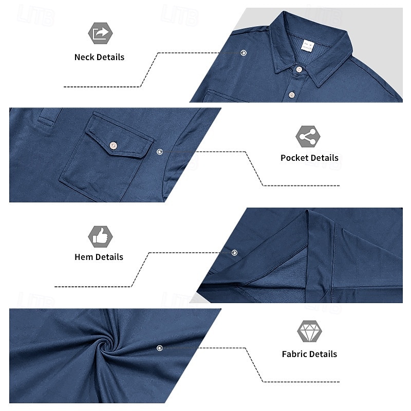 Men's Polo Shirts Golf Shirt Business Casual Ribbed Polo Collar Long Sleeve Fashion Basic Solid Color Buttons Front Pocket Summer Spring &  Fall All Seasons Regular Fit Dark Grey Denim Blue Black 2025 - $21.99 –P3