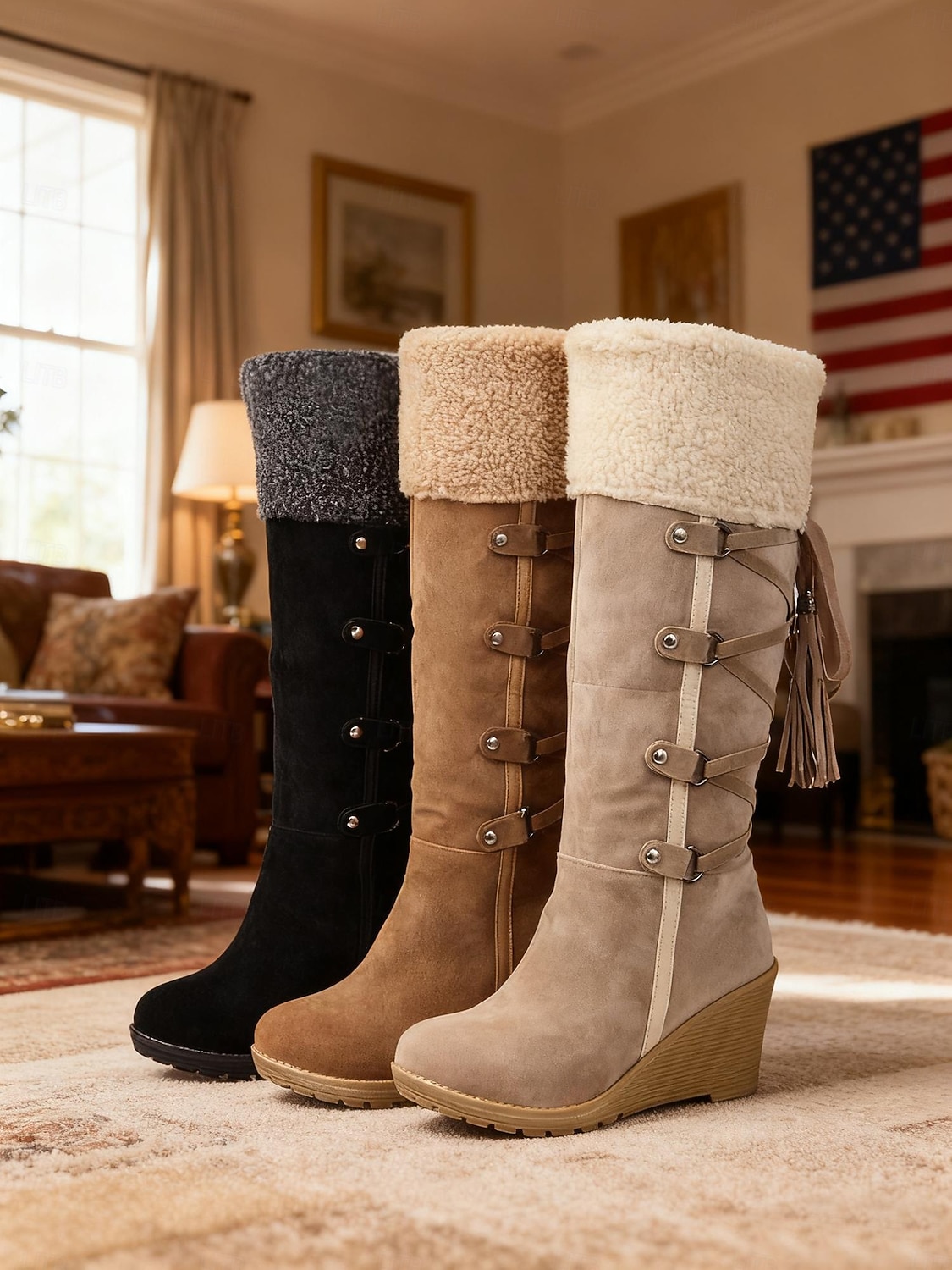 Damenstiefel mit Keilabsatz aus braunem Wildleder und Kunstfellbündchen – stylisches Schnürdesign mit Quasten, warme und bequeme Winterstiefel für Freizeit und Outdoor 2026 - $46.99 –P1